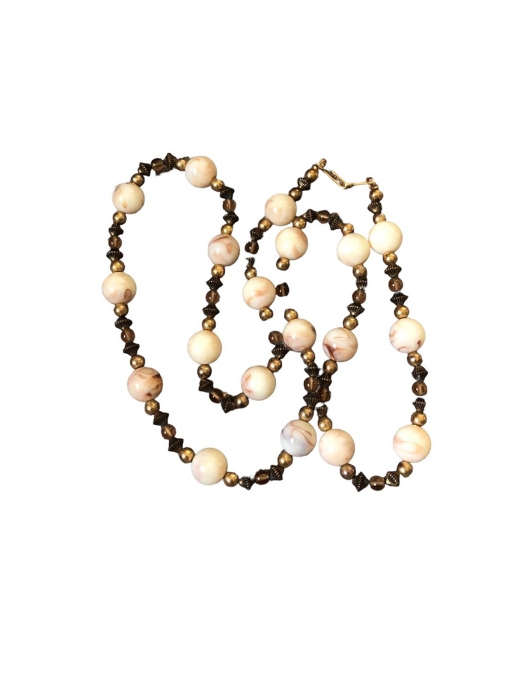 V.A. Stamped Bronze & Cream Beaded Vintage Necklace Signed, 32”